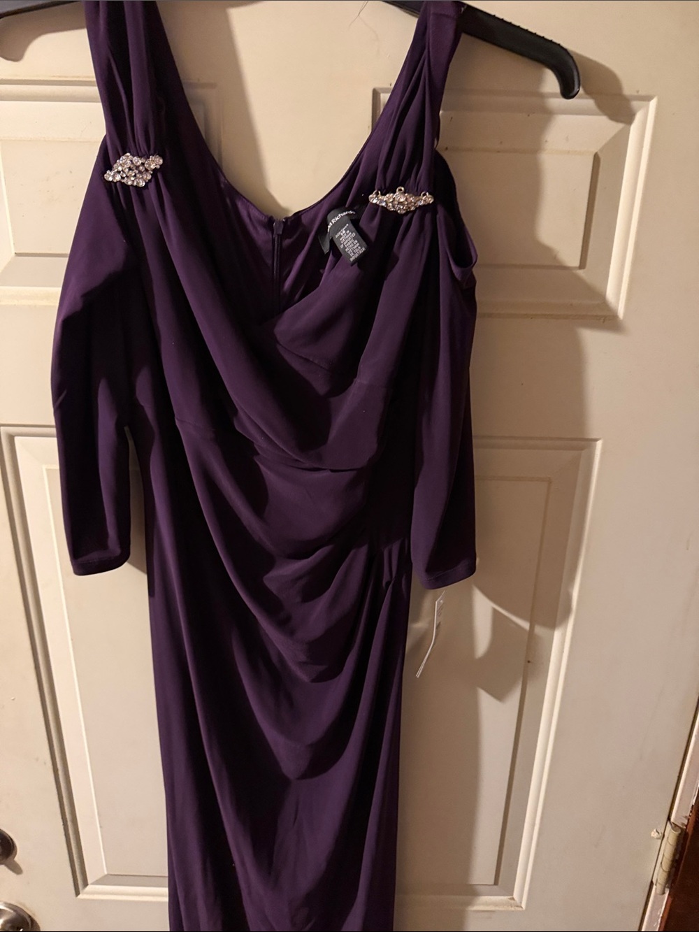 R&M Richards Purple Long Sleeve Draped Evening Gown with Jeweled Accents